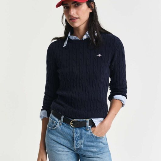 GANT Cotton Rich Cable Knit Crew Neck Jumper Navy