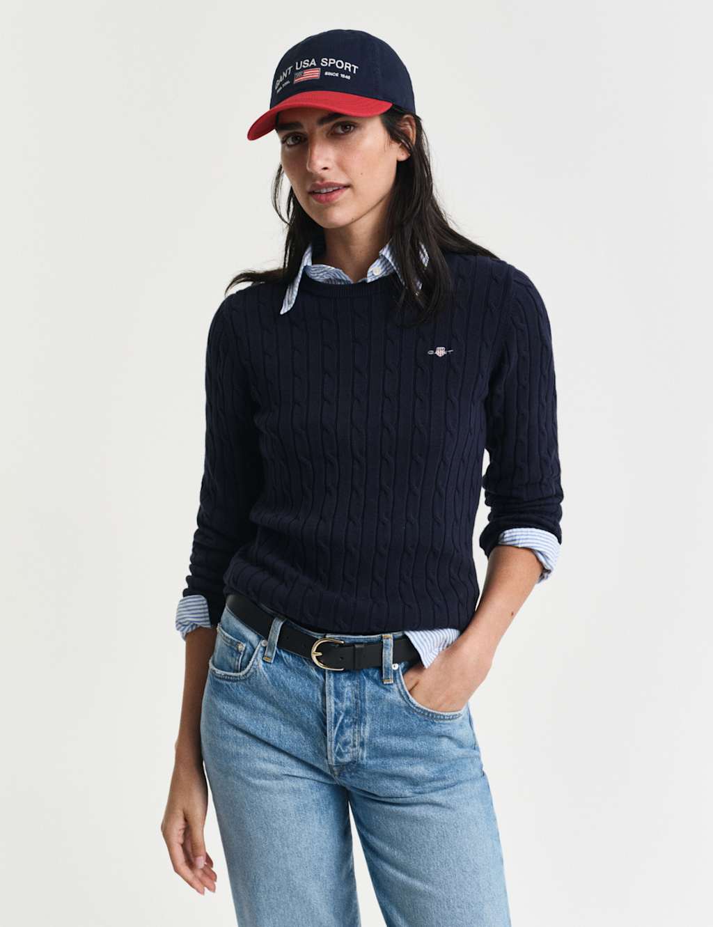 GANT Cotton Rich Cable Knit Crew Neck Jumper Navy