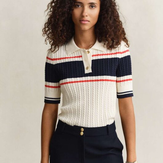 GANT Pure Cotton Cable Knit Striped Knitted Top Cream