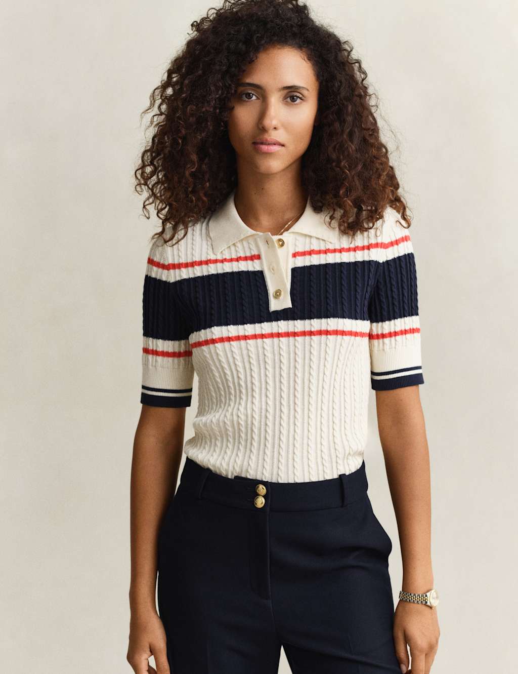 GANT Pure Cotton Cable Knit Striped Knitted Top Cream