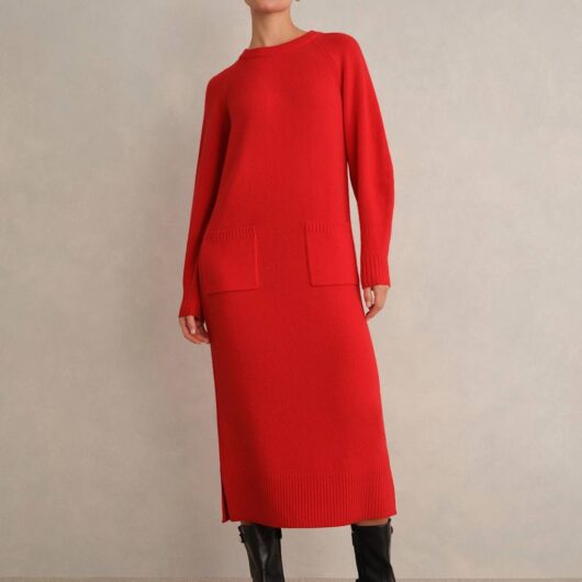 HOBBS Merino Wool Rich Knitted Midi Jumper Dress Red Mix