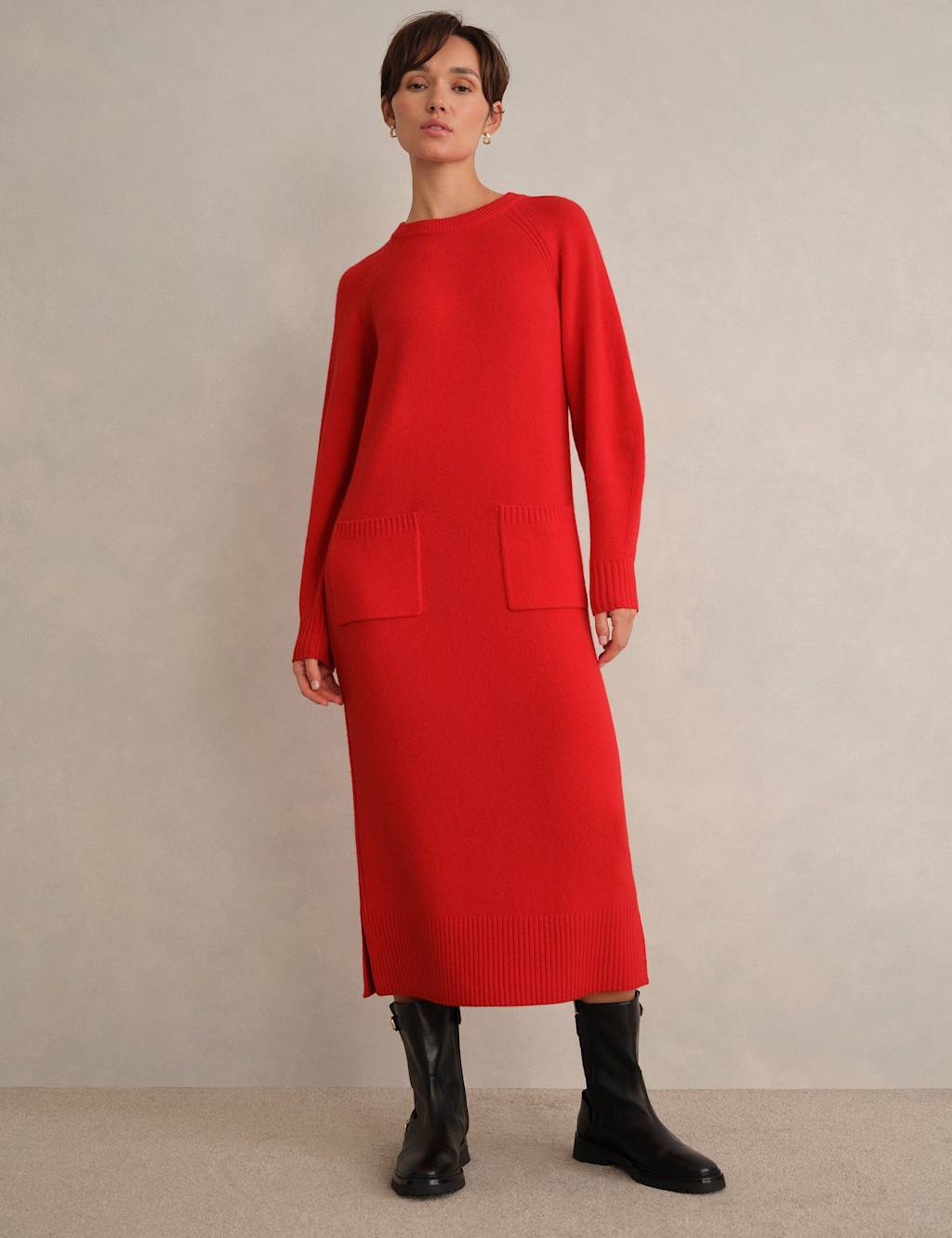 HOBBS Merino Wool Rich Knitted Midi Jumper Dress Red Mix