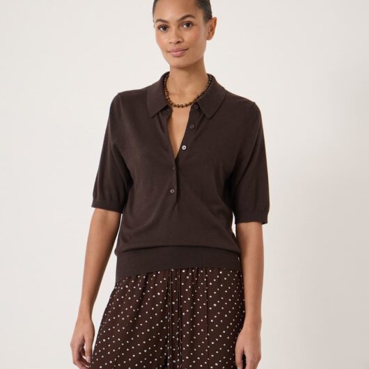 HUSH Wool Blend Polo Neck Knitted Top Dark Brown