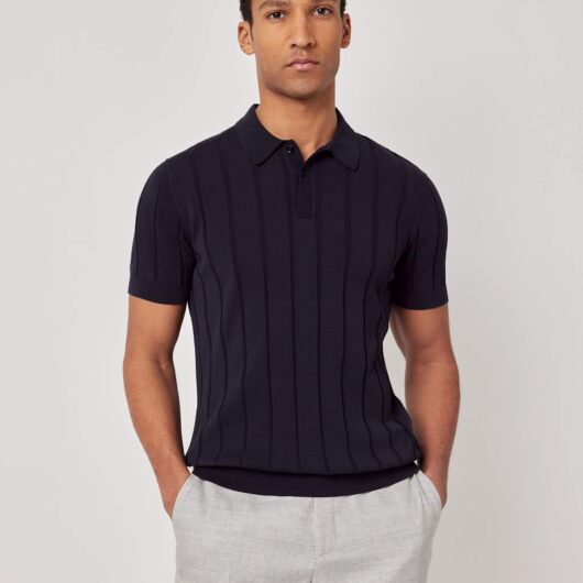 Hawes & Curtis Pure Cotton Rib Knitted Polo Shirt Navy