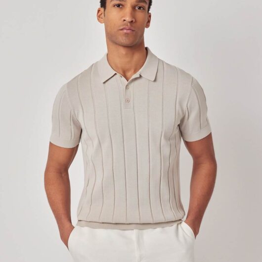 Hawes & Curtis Pure Cotton Rib Knitted Polo Shirt Taupe