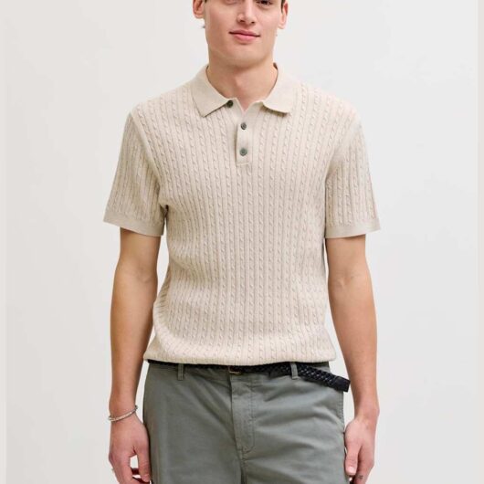 JACK & JONES Pure Cotton Cable Knitted Polo Shirt Beige
