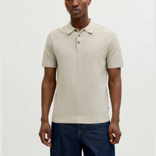 JACK & JONES Pure Cotton Knitted Polo Shirt Beige