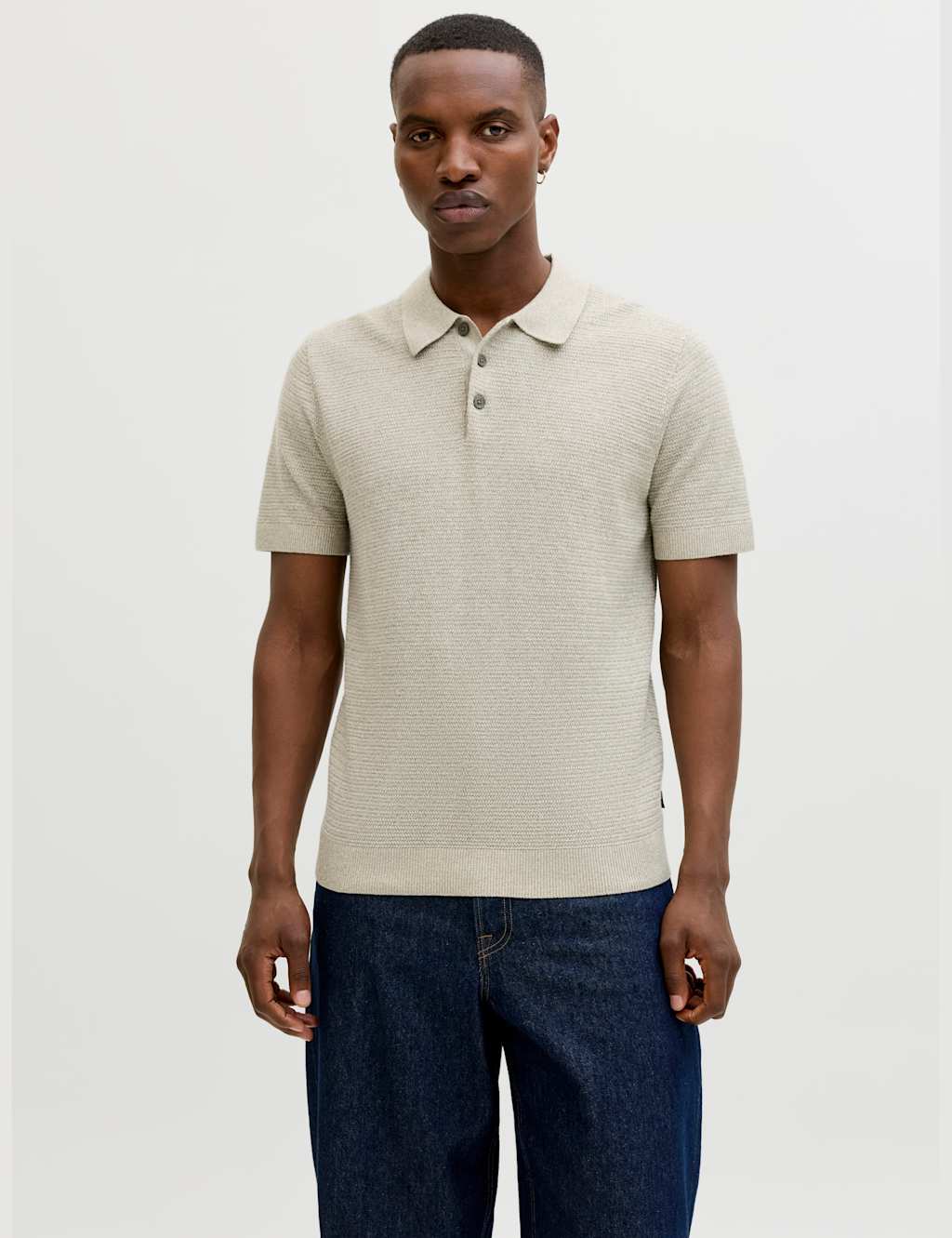 JACK & JONES Pure Cotton Knitted Polo Shirt Beige