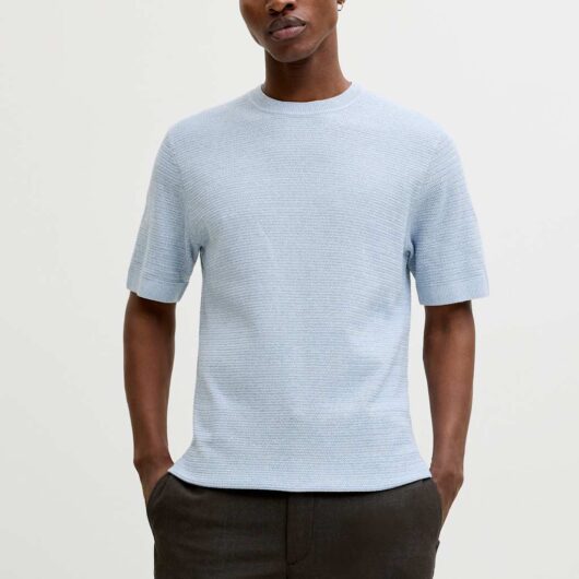 JACK & JONES Pure Cotton Textured Knitted Crew Neck Light Blue