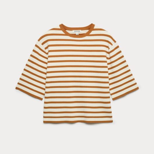 JAEGER Cotton Blend Striped Relaxed Knitted Top Ivory Mix