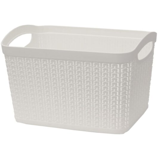 JVL - Knit Design Loop Plastic Rectangular Small Storage Basket with Handles, Ivory