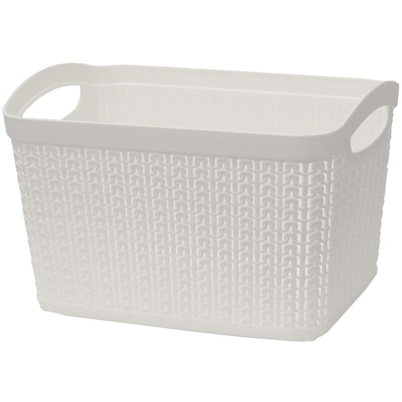 JVL - Knit Design Loop Plastic Rectangular Small Storage Basket with Handles, Ivory