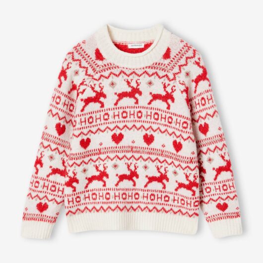 Jacquard Knit Christmas Jumper with Details in Shimmery Yarn for Girls ecru