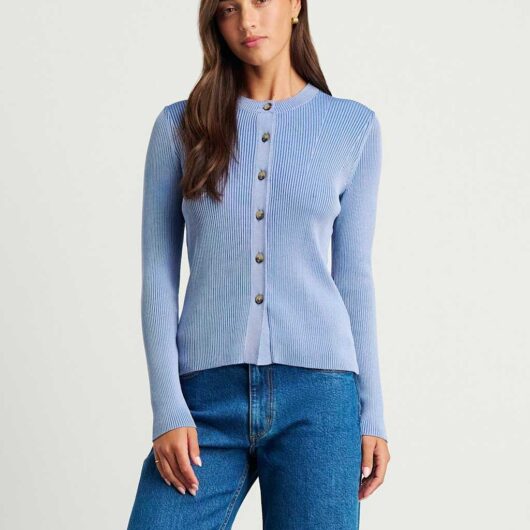 Jag Ribbed Crew Neck Button Front Fitted Cardigan Light Blue