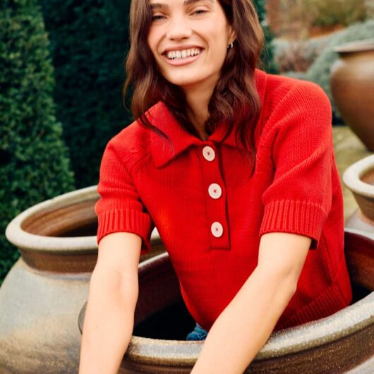 Jigsaw Cotton Rich Collared Knitted Top Red