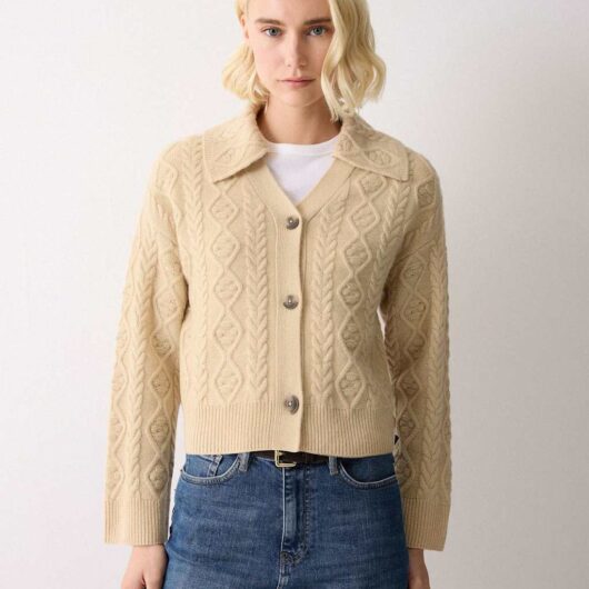 Jigsaw Wool Rich Cable Knit Collared V-Neck Cardigan Cream