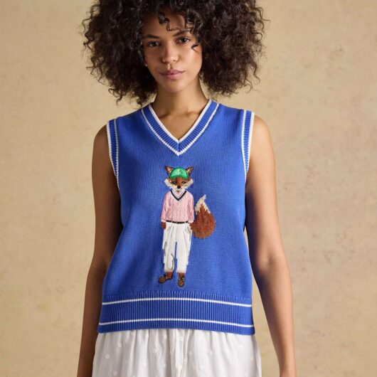 Joules Pure Cotton Fox V-Neck Knitted Vest Navy Mix