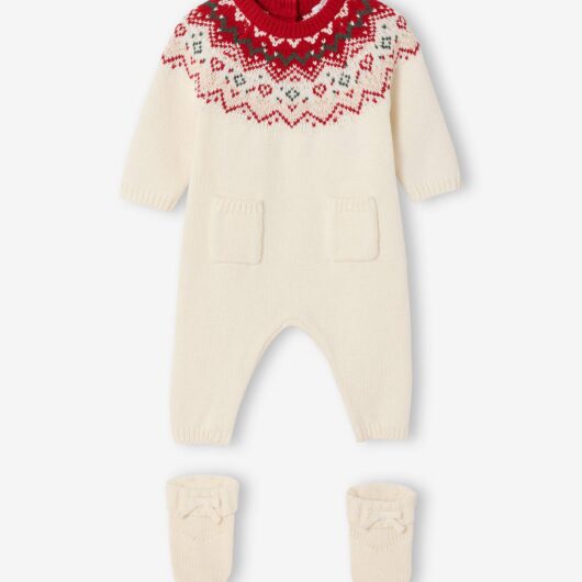 Knitted 2-Piece Christmas Set: Jumpsuit + Socks ecru