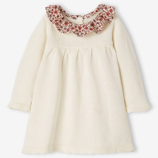 Knitted Dress with Collar in Floral Fabric for Babies white light solid with design