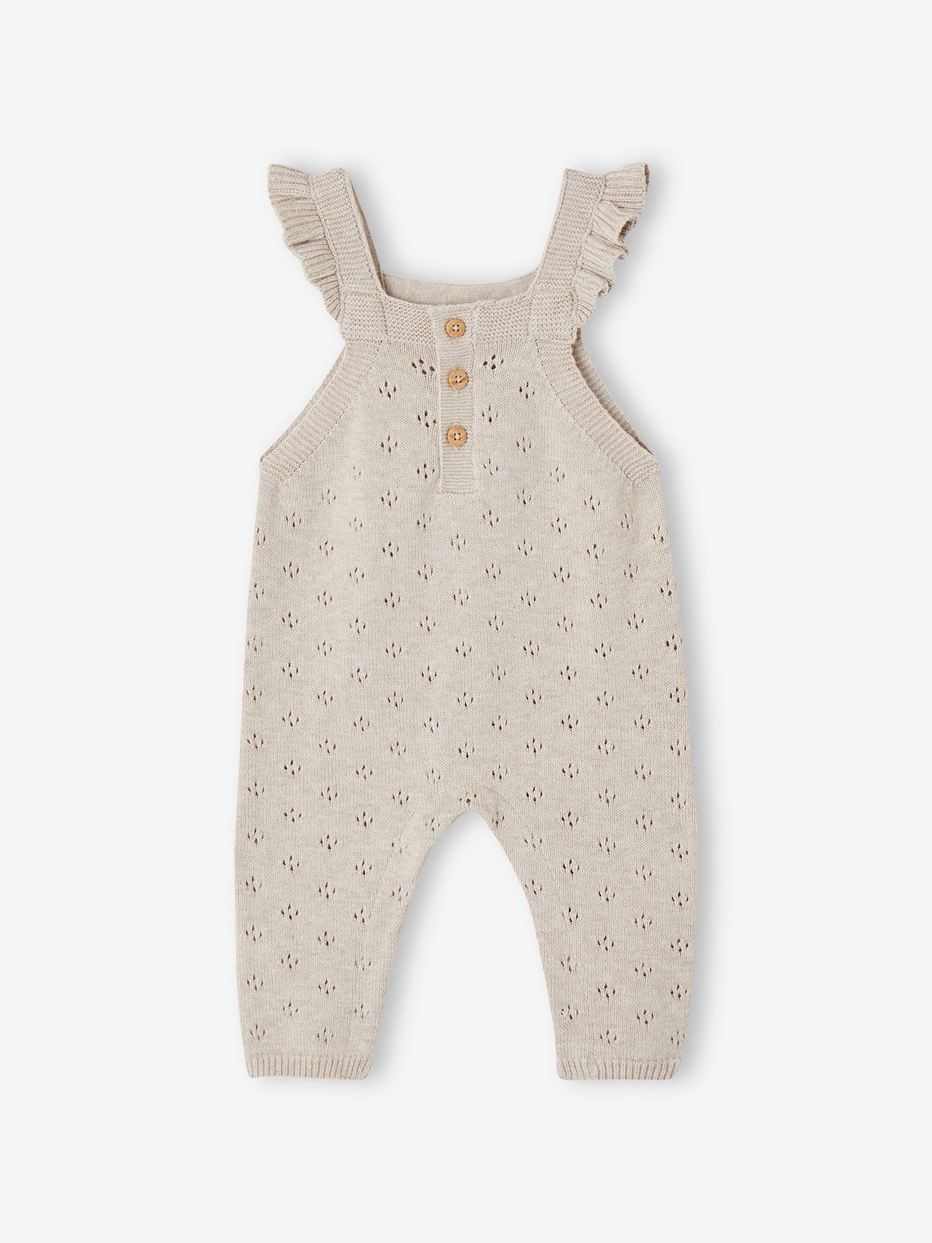 Knitted Dungarees with Frilly Straps for Babies marl beige