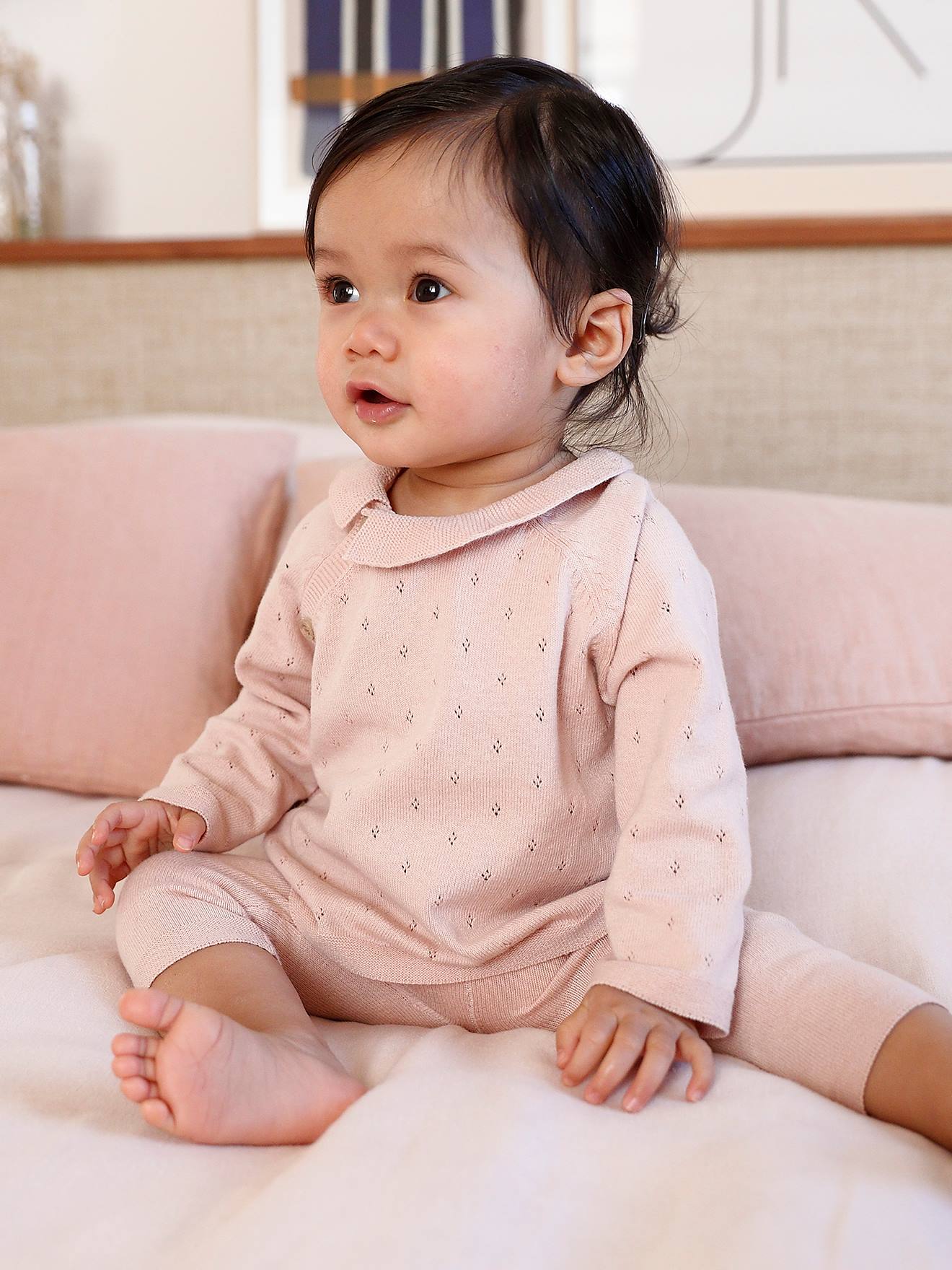 Knitted Jumper with Frilled Collar & Trousers Ensemble for Babies nude pink