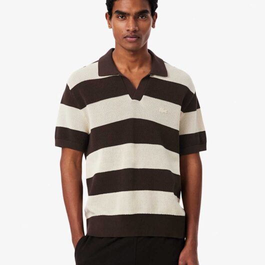 Lacoste Pure Cotton Striped Knitted Polo Shirt Brown Mix