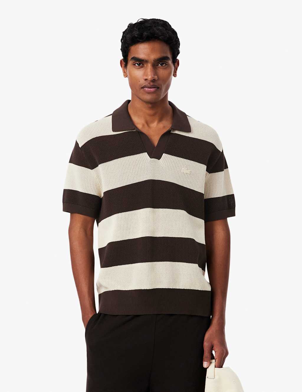 Lacoste Pure Cotton Striped Knitted Polo Shirt Brown Mix