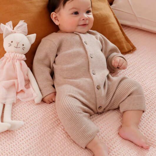 Long Sleeve Jumpsuit in Rib Knit for Babies beige