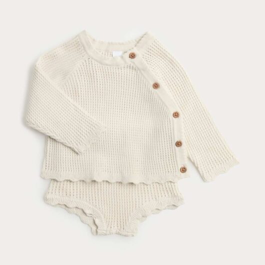 M&S 2 Piece Pure Cotton Knitted Outfit (7lbs-12 Mths) Light Natural