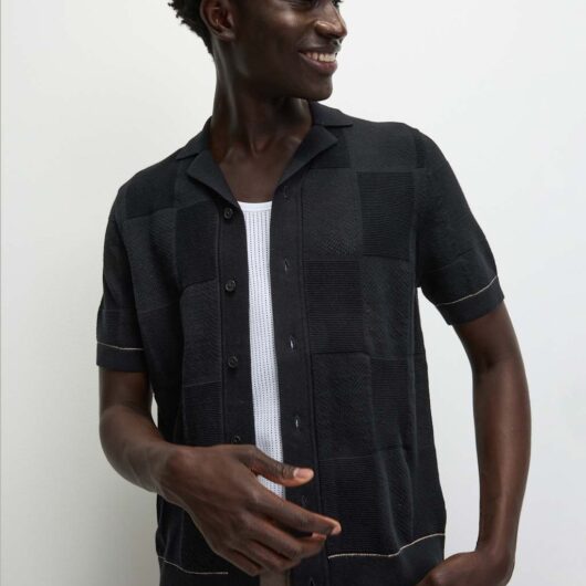 M&S Button-Through Patchwork Knitted Polo Shirt Black