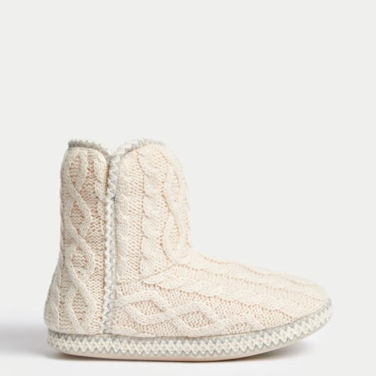 M&S Cable Knit Slipper Boots Cream