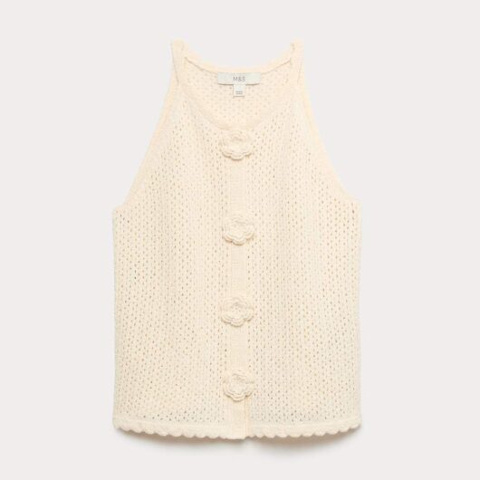 M&S Cotton Blend Pointelle Knitted Vest Soft White