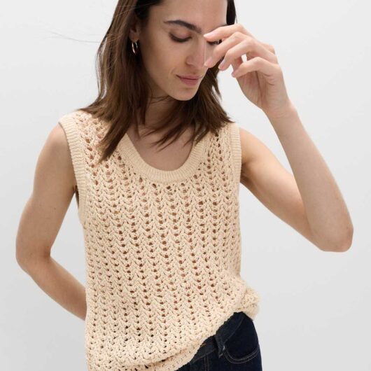 M&S Cotton Rich Crochet-Style Scoop Neck Knitted Vest Blonde
