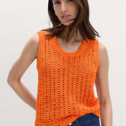 M&S Cotton Rich Crochet-Style Scoop Neck Knitted Vest Marmalade