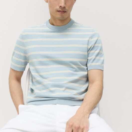 M&S Cotton Rich Striped Knitted T-Shirt Soft Blue Mix