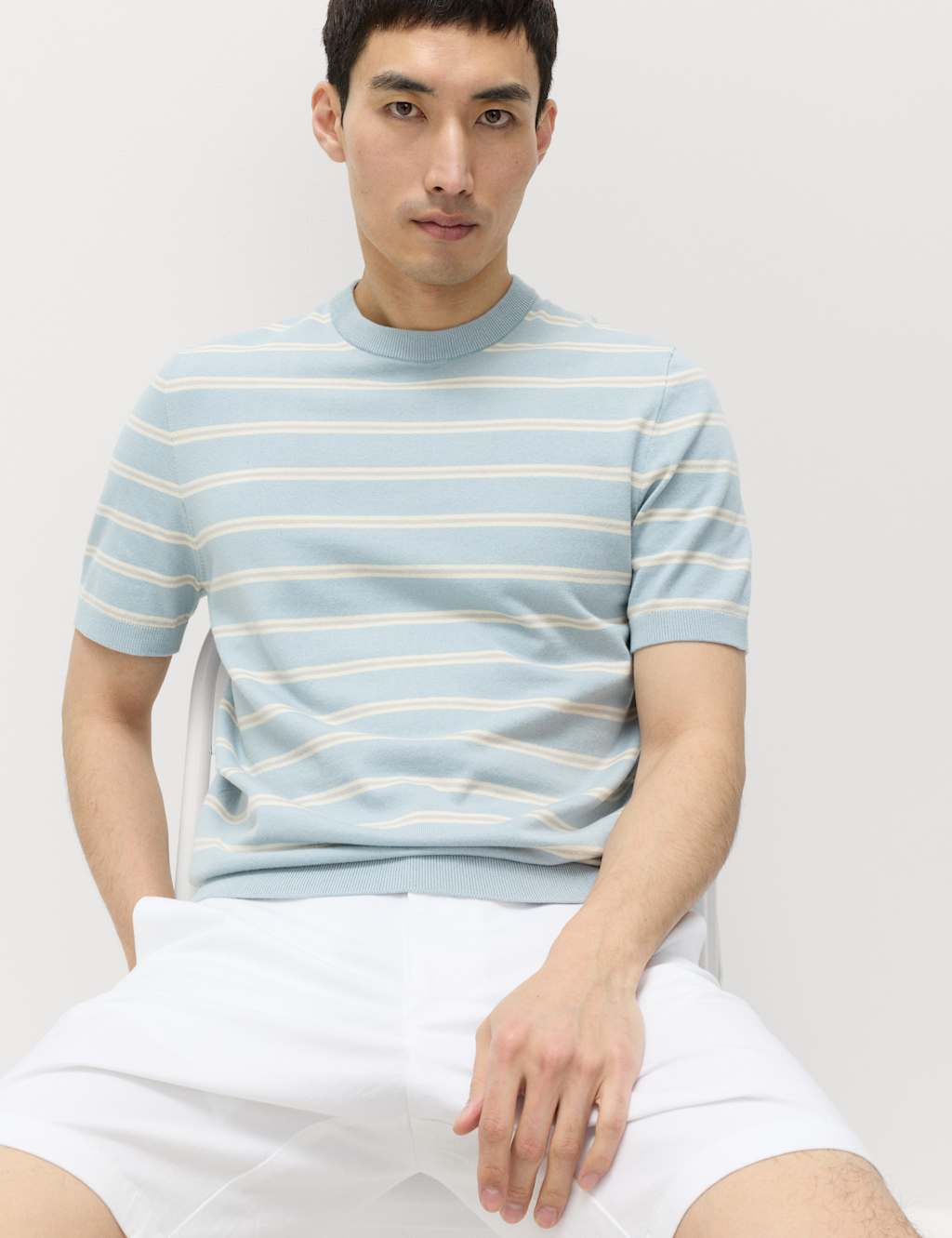 M&S Cotton Rich Striped Knitted T-Shirt Soft Blue Mix
