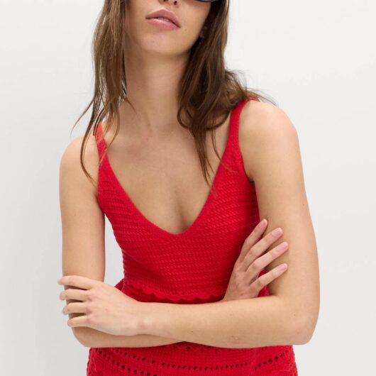 M&S Cotton Rich Textured V-Neck Knitted Vest Chilli