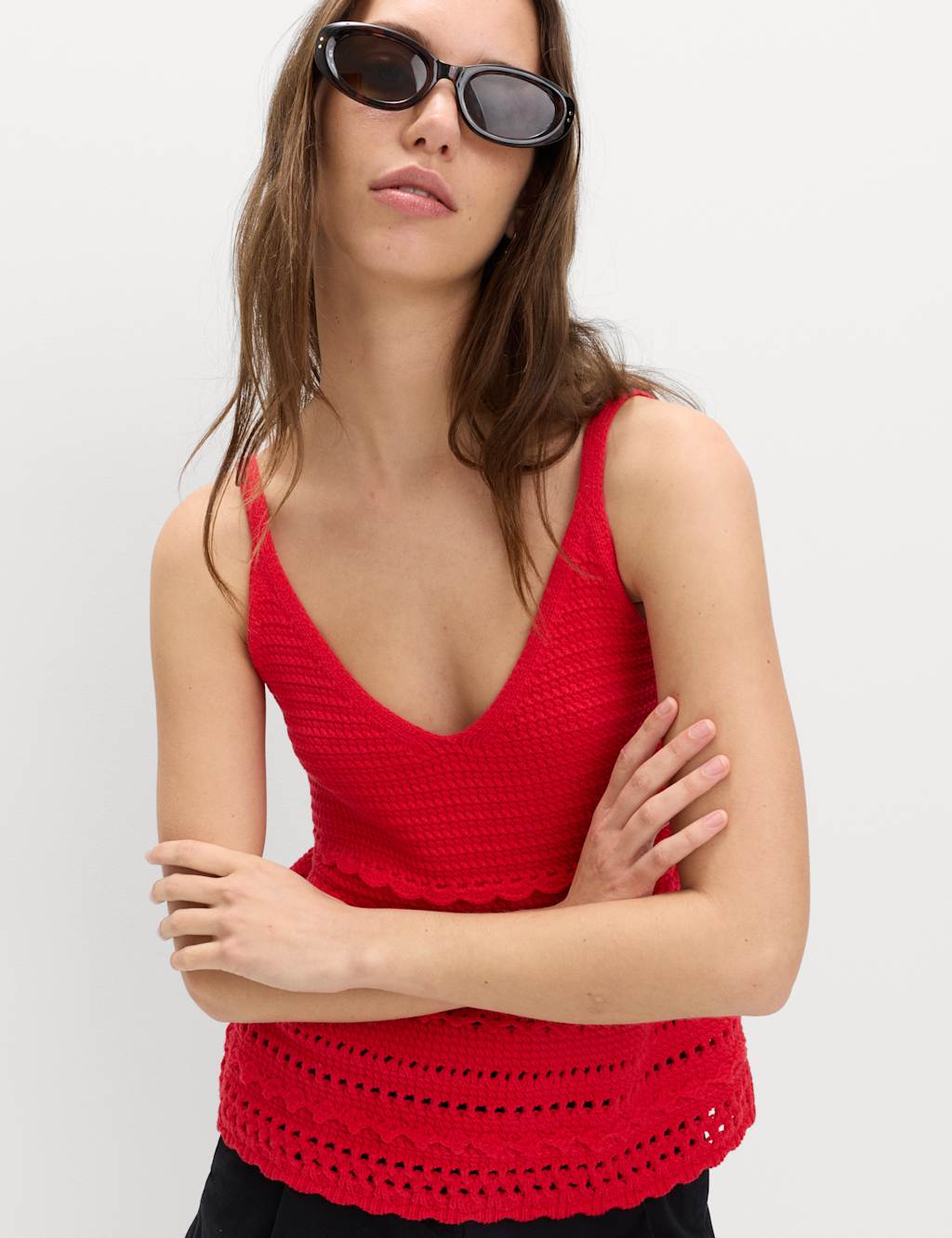 M&S Cotton Rich Textured V-Neck Knitted Vest Chilli