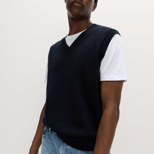M&S Lambswool Blend V-Neck Knitted Vest Dark Navy