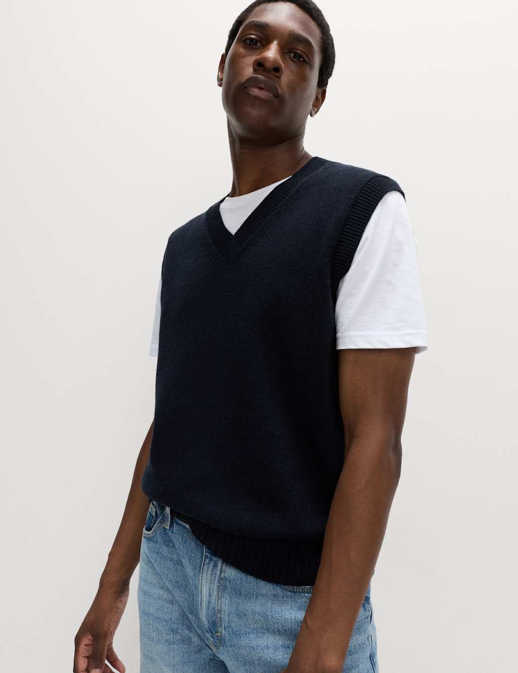 M&S Lambswool Blend V-Neck Knitted Vest Dark Navy
