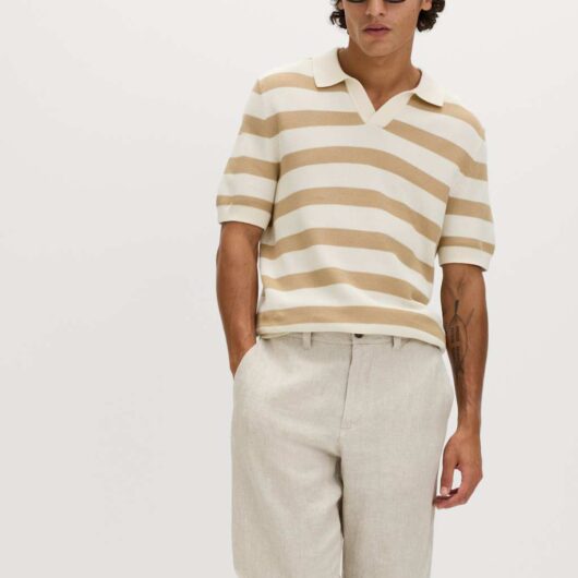 M&S Pure Cotton Striped Knitted Polo Shirt Ecru Mix