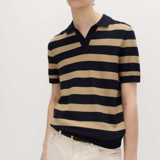M&S Pure Cotton Striped Knitted Polo Shirt Navy Mix