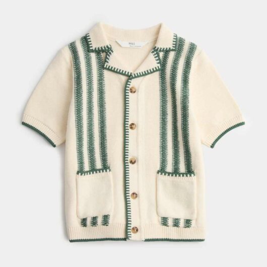 M&S Pure Cotton Striped Knitted Shirt (2-8 Yrs) Dark Green Mix