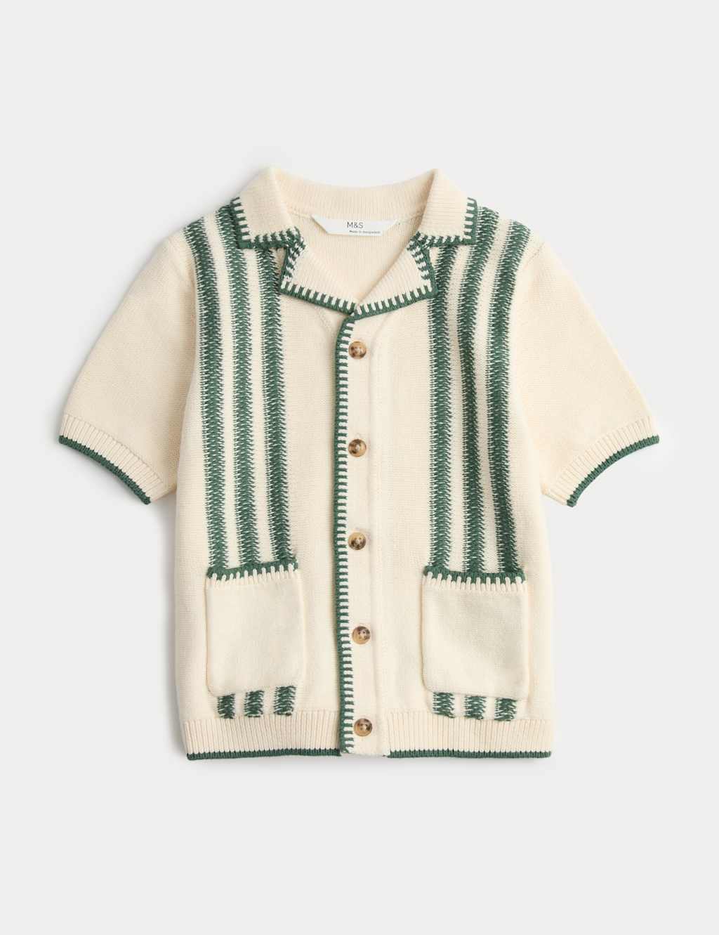 M&S Pure Cotton Striped Knitted Shirt (2-8 Yrs) Dark Green Mix