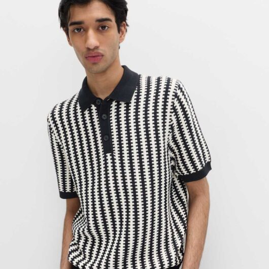 M&S Pure Cotton Textured Striped Knitted Polo Shirt Black Mix