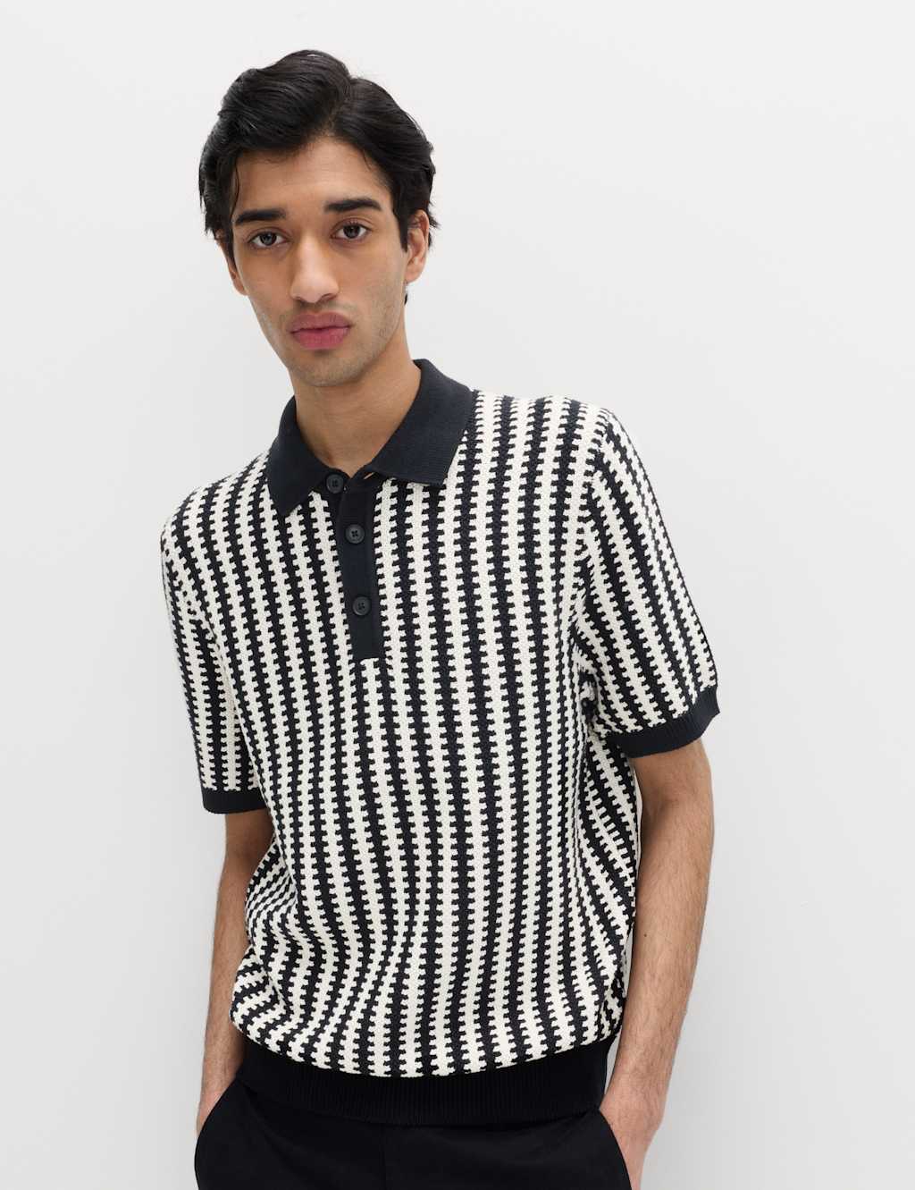 M&S Pure Cotton Textured Striped Knitted Polo Shirt Black Mix