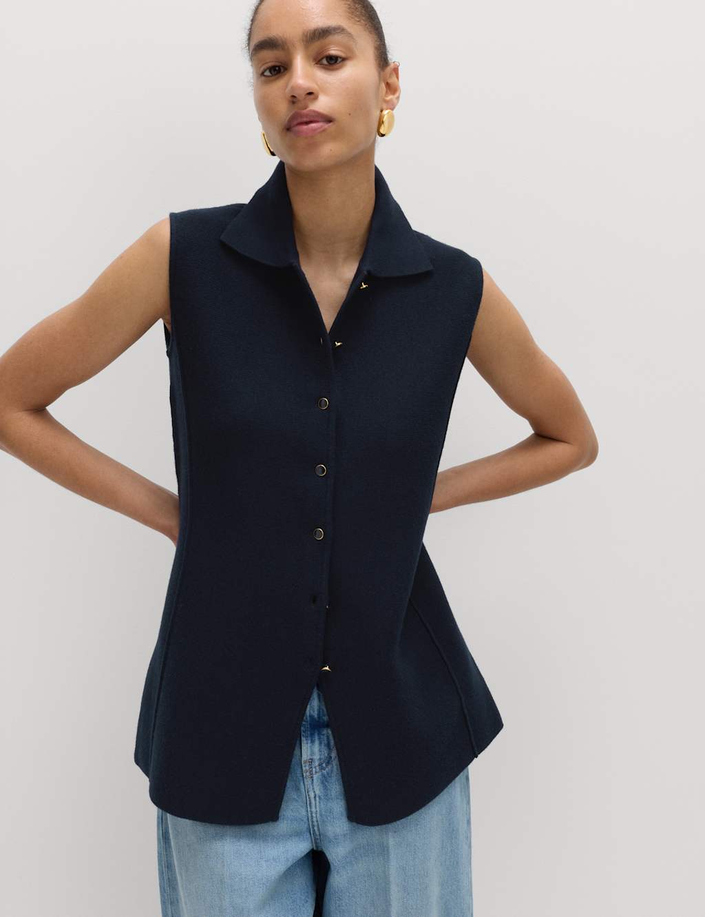 M&S Soft Touch Longline Knitted Waistcoat Midnight Navy