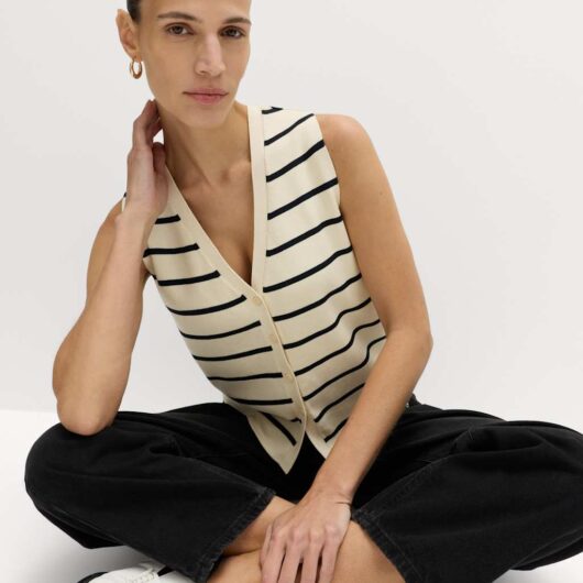 M&S Striped V-Neck Cropped Knitted Waistcoat Ivory Mix