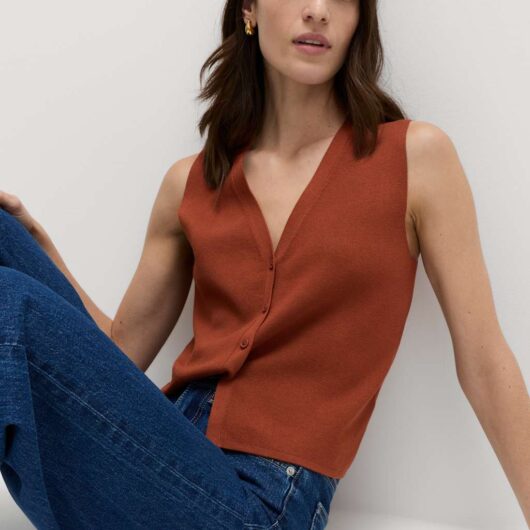 M&S V-Neck Cropped Knitted Waistcoat Brandy