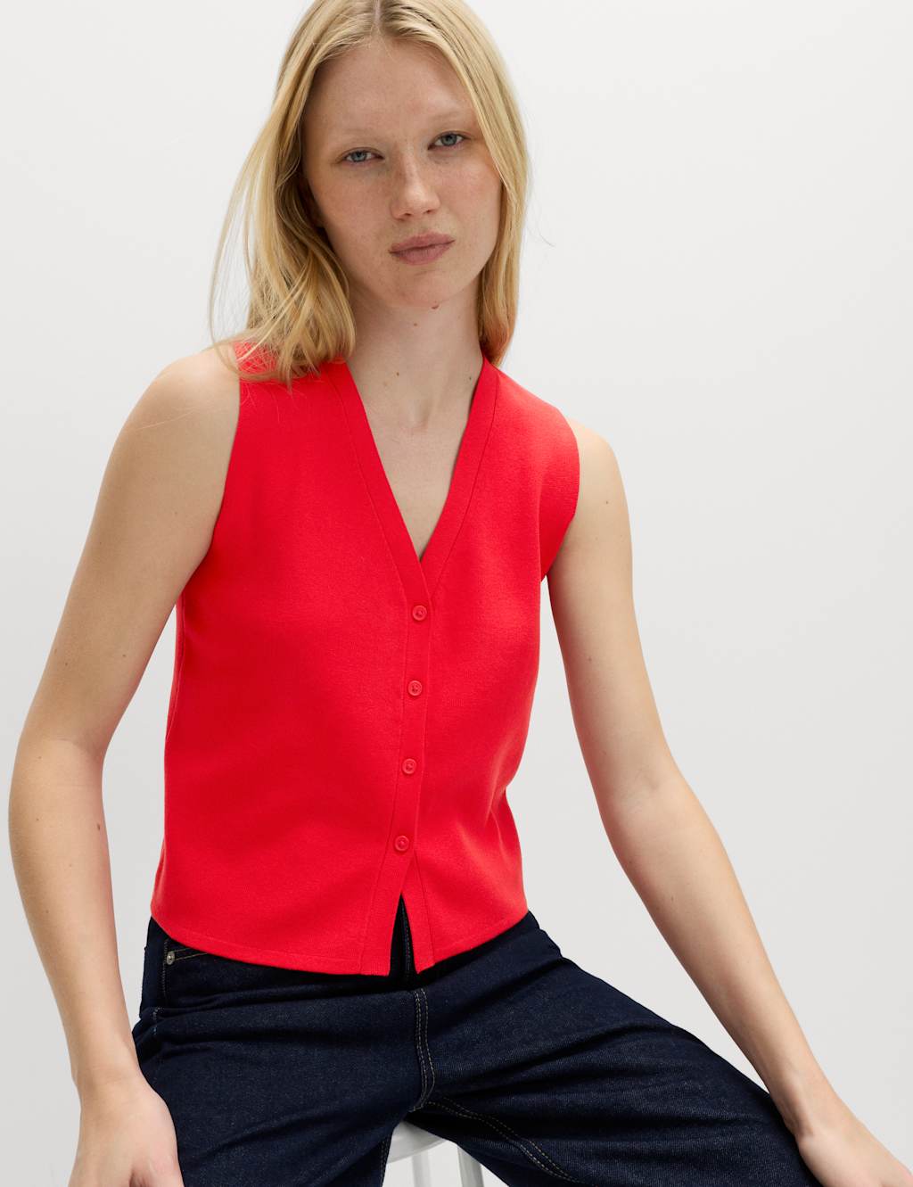 M&S V-Neck Cropped Knitted Waistcoat Chilli